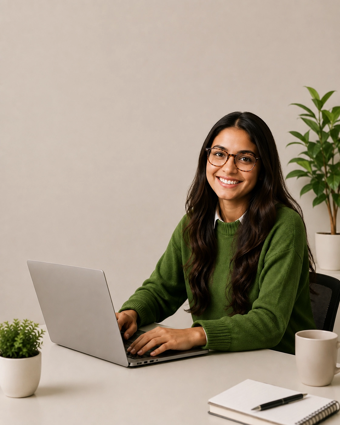 Woman working on a laptop at a desk, illustrating scattered business data and information.