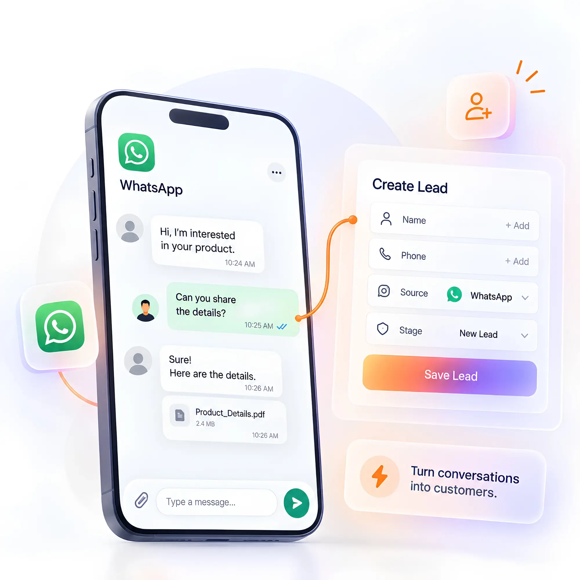 Light-mode CRM integration graphic by dhumi showcasing a WhatsApp chat interface converting messages into a digital lead creation form.