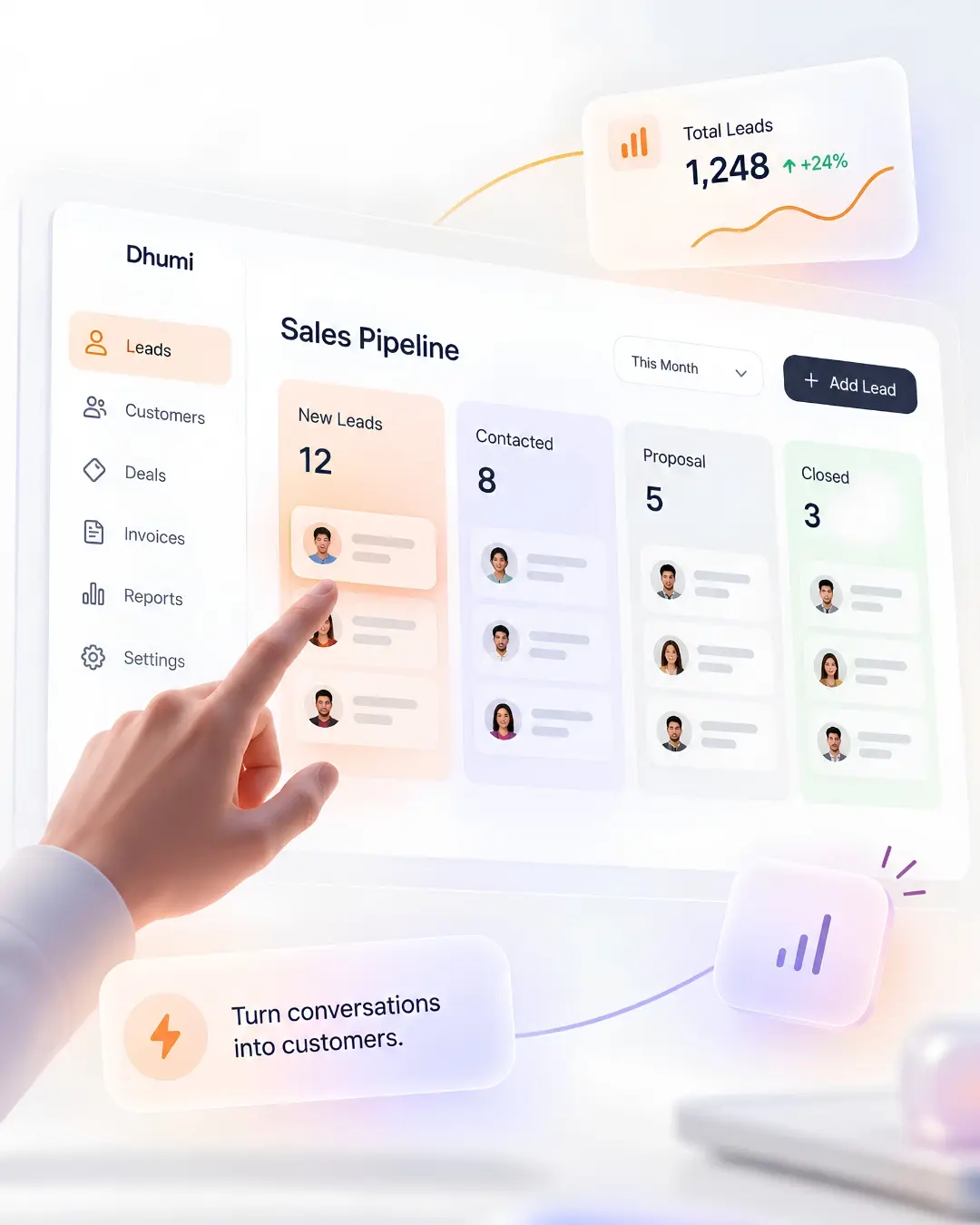 Light-mode CRM sales pipeline UI by dhumi with a hand interacting with lead cards, featuring real-time deal stage tracking and lead metrics.