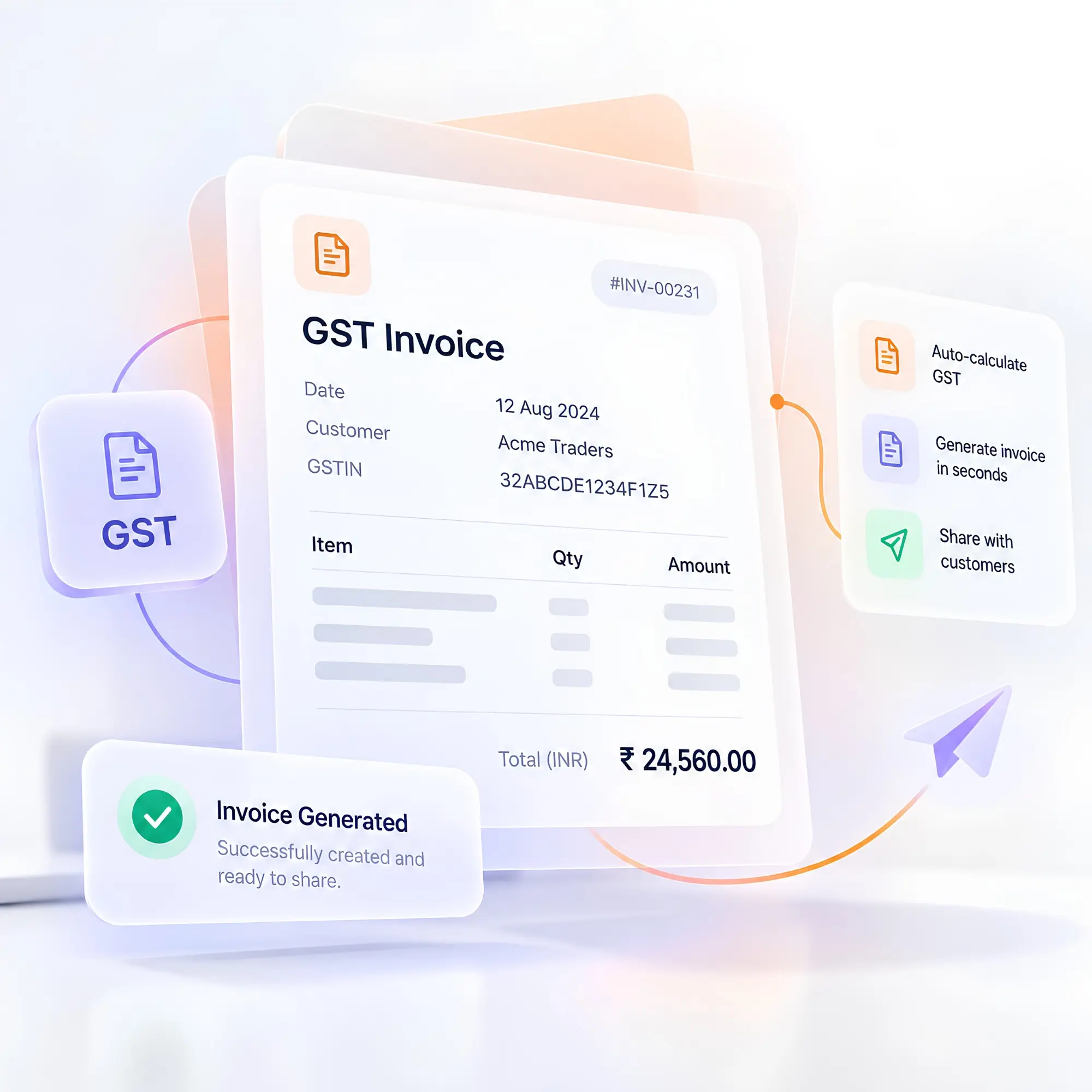 Light-mode GST billing UI graphic by dhumi showing a digital invoice template alongside floating automated invoicing feature cards and confirmation status.
