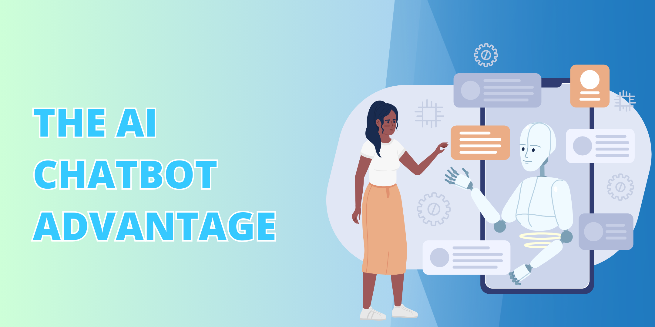 AI chatbots for business illustration of a woman interacting with a chatbot for customer support and engagement.