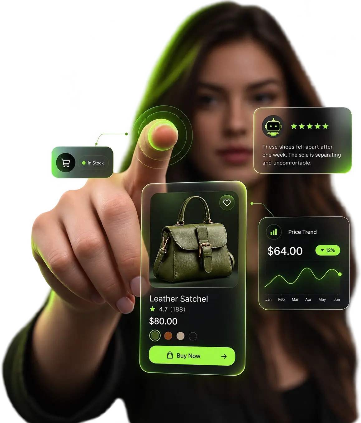 Dhumi AI-powered e-commerce interface showing a leather satchel, product rating, price trend, stock status, and customer review.
